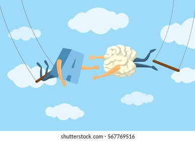 Cartoon illustration of daring brain on trapeze jumping into letter