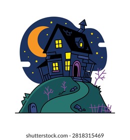 A cartoon illustration of a dark, dilapidated haunted house with glowing windows situated on a grassy hill under a crescent moon and starry sky.