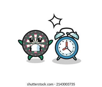 Cartoon Illustration of dart board is surprised with a giant alarm clock , cute design