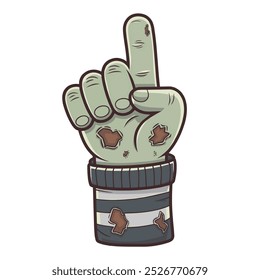 A cartoon illustration of a decaying zombie hand pointing upward with one finger.