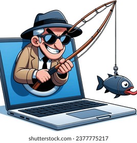 Cartoon illustration of a deceptive phishing email, personified as a mischievous fisherman hiding behind a laptop, casting a line towards a curious user.