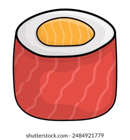 Una ilustración de dibujos animados de un rollo de sushi maki deconstruido. Falta el envoltorio normal de nori, que revela el ingrediente interior. Elemento de diseño de cocina japonesa