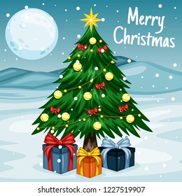 Cartoon Illustration of a Decorated Christmas Tree With Gift Boxes, Balls and Lights on Winter Background. Merry Christmas Scene with Moon, Snowy Hills