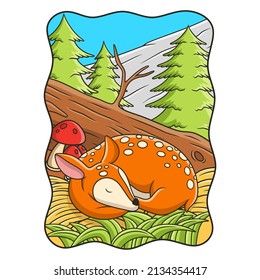 cartoon illustration deer sleeping on the hay under the trunk of a big fallen tree
