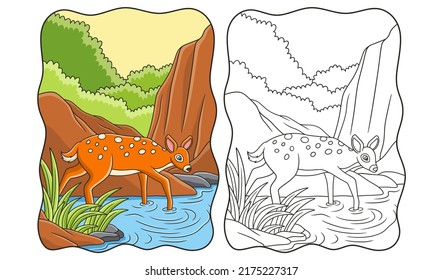 cartoon illustration deer walking by the river to find food near the cliff book or page for kids