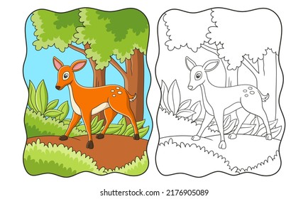 cartoon illustration deer walking during the day in the forest looking for food book or page for kids