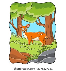 cartoon illustration a deer walking in the tall grass under a big tree looking for food