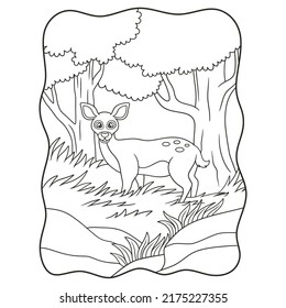 cartoon illustration a deer walking in the tall grass under a big tree looking for food book or page for kids black and white
