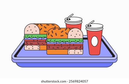 Cartoon illustration delicious burger and drinks served on a tray in a colorful, fun design for food lovers