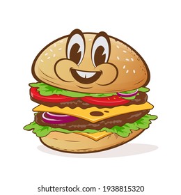 cartoon illustration of a delicious burger with happy face