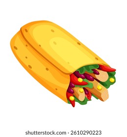 Cartoon illustration of a delicious burrito wrapped in a yellow tortilla filled with fresh vegetables, beans. Suitable for designs related to food, fast food and Mexican cuisine themes.