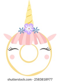 Cartoon illustration of a delicious donut decorated with a unicorn horn, flowers, closed eyes and rosy cheeks, creating a whimsical and magical treat