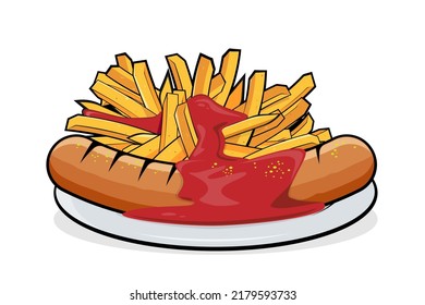 Cartoon-Illustration von leckeren deutschen Spezialitäten Currywurst mit Pommes