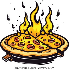 A cartoon illustration of a delicious pizza on fire, perfect for adding a touch of humor and excitement to your designs