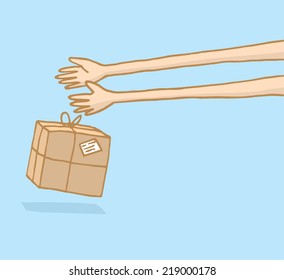 Cartoon illustration delivery man leaving a mailing box