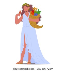 Cartoon Illustration Of Demeter Greek Goddess Dressed In Flowing White Gown Holding Cornucopia Filled With Fruits And Vegetables While Interacting With Small Bird Exuding Sense Of Abundance And Nature