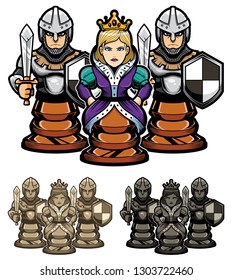 Cartoon illustration depicting chess queen and her pawn guards.