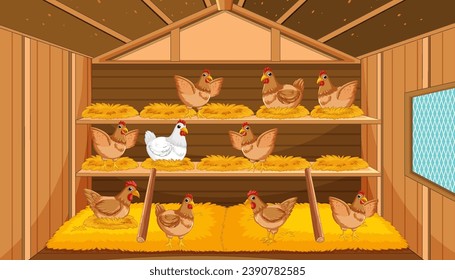 A cartoon illustration depicting a chicken house filled with hay and straw for egg laying