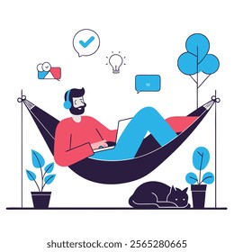 Cartoon illustration depicting a man working from home while relaxing in a hammock. Ideal for articles, blogs, or websites about remote work, work-life balance, or freelance 