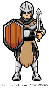 Cartoon illustration depicting medieval soldier on white background.