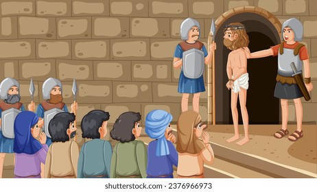 A cartoon illustration depicting the moment Judas betrays Jesus and he is subsequently arrested.
