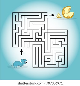 cartoon illustration depicting a mouse looking for a cheese in a maze. Vector graphics. Hand drawing