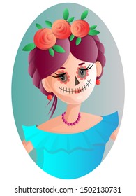 cartoon illustration depicting a portrait of a cute girl with a traditional Mexican hair and makeup in the form of a skull, a symbol of The day of the dead and the day of angels