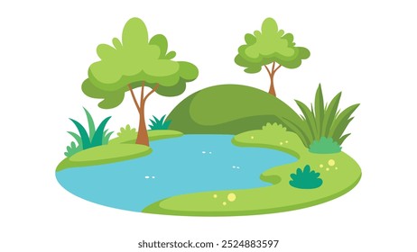 Ilustração em desenho animado retratando um pequeno lago sereno cercado por vegetação e ondulações suaves na superfície da água ilustração vetor plana sobre fundo branco