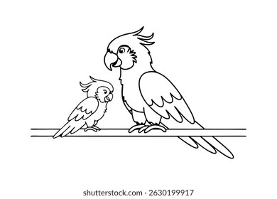 Cartoon illustration depicting two parrots perched on a branch in black and white