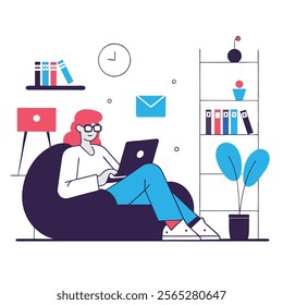 Cartoon illustration depicting a young woman working in a modern home office. Ideal for websites, blogs, articles, and social media posts related to remote work, home offices,