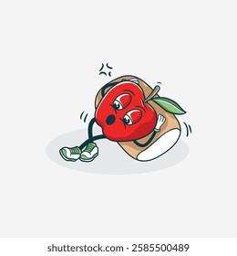 A cartoon illustration depicts an angry red apple character wearing a backpack and falling to the ground.