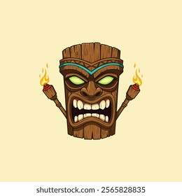 A cartoon illustration depicts an angry tiki idol with glowing eyes holding flaming torches.