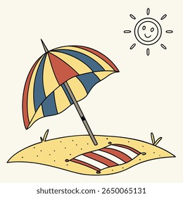 Uma ilustração em desenho animado retrata uma cena de praia com um guarda-chuva listrado, toalha, areia e um sol sorridente.