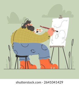A cartoon illustration depicts a bearded painter with a palette, painting a landscape on a canvas. The artist is seated outdoors, wearing rubber boots and old clothes.