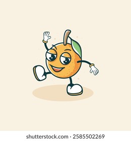 A cartoon illustration depicts a cheerful orange fruit character dancing with a joyful expression.