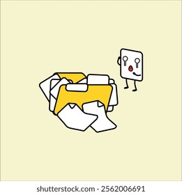 Cartoon illustration depicts a disorganized yellow folder.Vector design. Eps 10.

