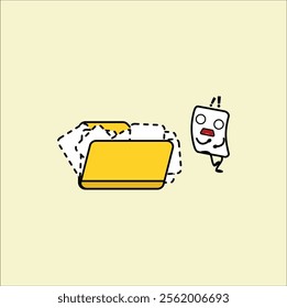 Cartoon illustration depicts a disorganized yellow folder.Vector design. Eps 10.

