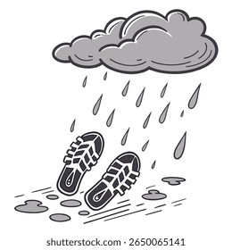 A cartoon illustration depicts footprints in puddles under a rain cloud, conveying a sense of wet weather and outdoor activity.