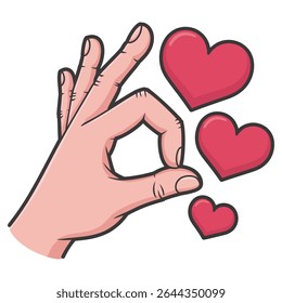 A cartoon illustration depicts a light pink hand forming an okay gesture with three red hearts floating nearby It features a simple flat design against a white background