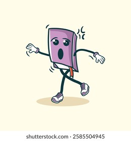 A cartoon illustration depicts a scared book character running away with a surprised expression.