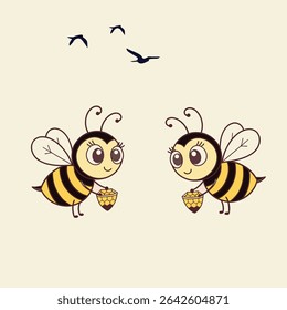 Uma ilustração em desenho animado retrata duas abelhas encantadoras