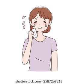 A cartoon illustration depicts a young woman crying while holding a tissue, showcasing sadness and distress.