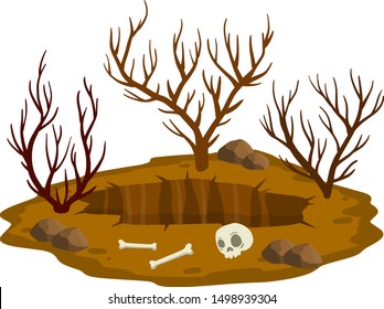 Cartoon illustration. Desert of death with dead bushes. Environment Halloween parties. Cartoon flat illustration. Terrible place. Skeleton, stone, bones and human skull. Big hole in ground. 