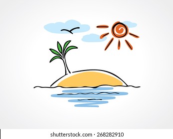 Cartoon illustration of desert island with a black outline isolated on white