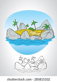 Cartoon illustration of desert island with a black outline isolated on white