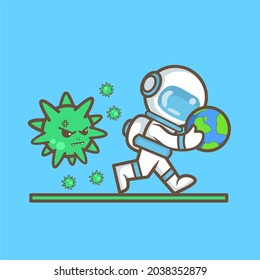 cartoon illustration design of astronaut saving the earth from virus attack.technology and health icon design concept.flat vector design