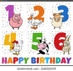 Cartoon illustration design of the birthday anniversary greeting cards set for children with farm animal characters