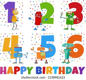 Cartoon illustration design of the birthday greeting cards set for children with robot characters
