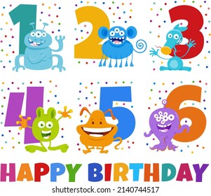 Cartoon illustration design of the birthday greeting cards set for children with cute monster characters