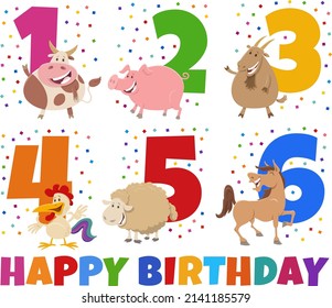 Cartoon illustration design of the birthday greeting cards set for children with cute farm animal characters